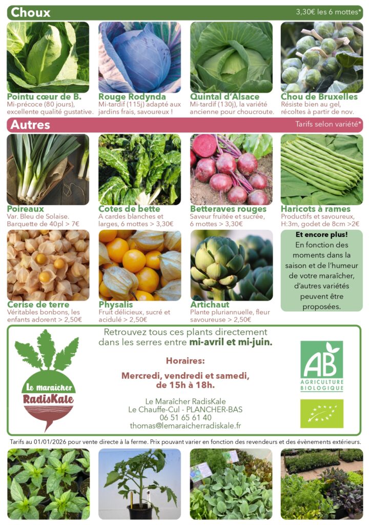 Plants de légumes fleurs et aromates bio à Plancher-Bas Belfort vente directe horaires maraîcher